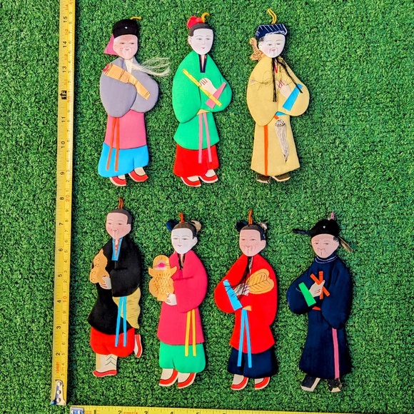 7 Vintage Silk Art Asian Traditional Dress Chinese 1970s Hanging Decoration Set - Picture 1 of 9